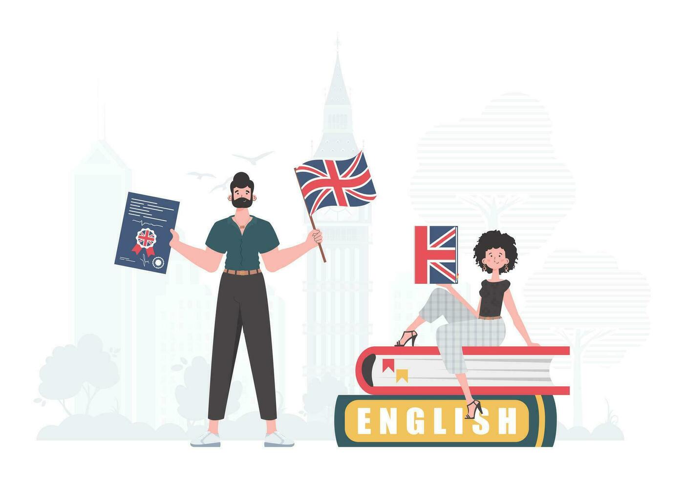 el concepto de aprendizaje inglés. hombre y mujer Inglés maestro. de moda plano estilo. ilustración en vector. vector