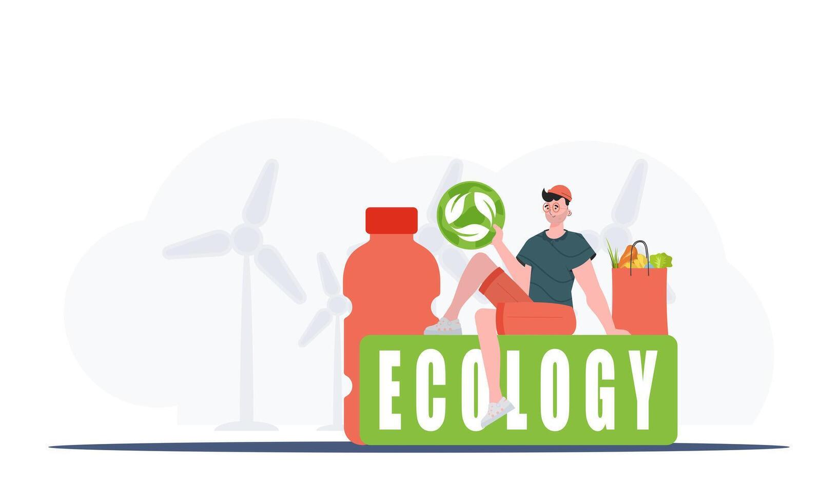 The guy is sitting next to the package of the right food and holding the EKO icon. The concept of ecology, recycling and green planet. Trend style, vector illustration.