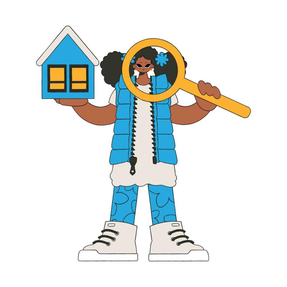 A woman realtor holds a house and a magnifying glass in her hands. Selling and owning a house. vector