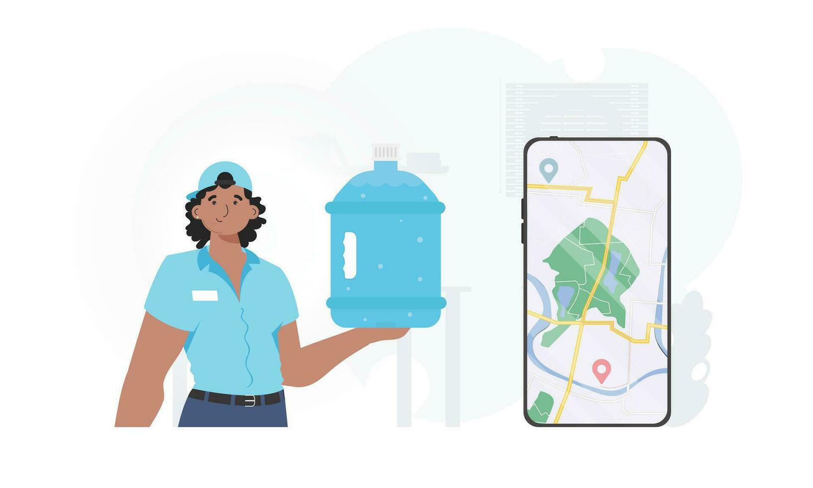 A man is holding a bottle of water. Delivery concept. The trendy character is shown to the waist. Vector illustration.