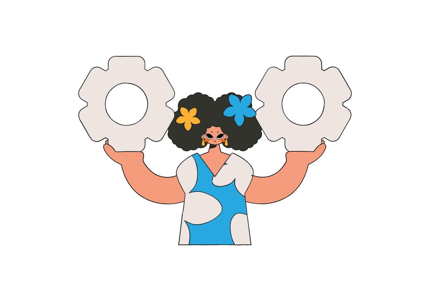 Refined girl holds gears in her hands. Idea theme. vector