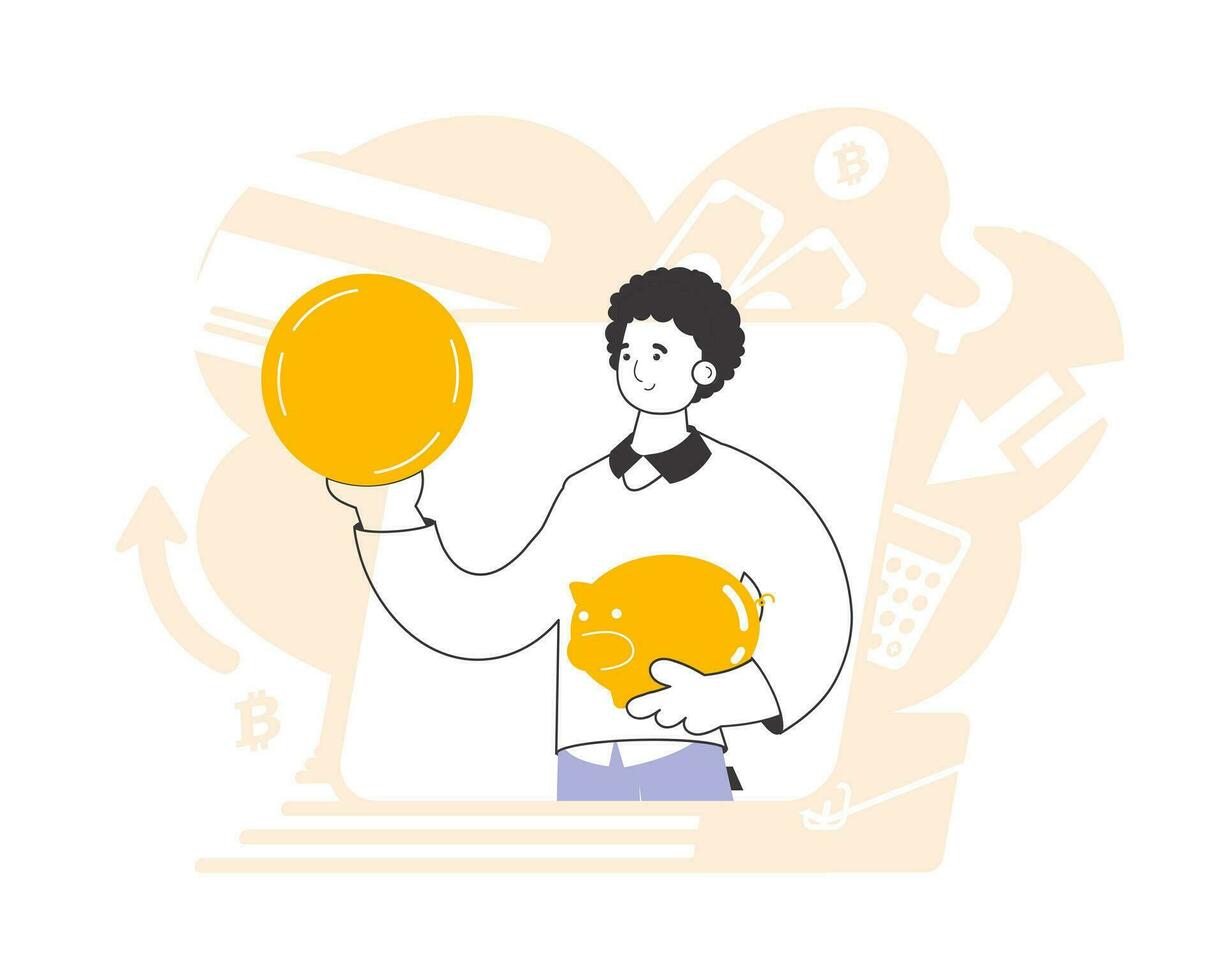 A man holds a coin and a piggy bank in his hands. The theme of saving money. Linear style. vector