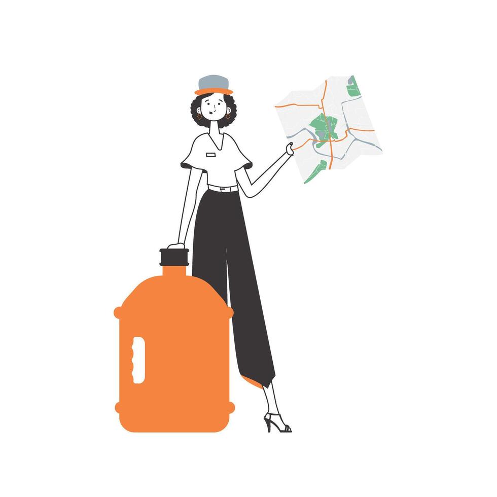 Water delivery concept. Girl with a map in her hands. Linear modern style. Isolated, illustration. vector