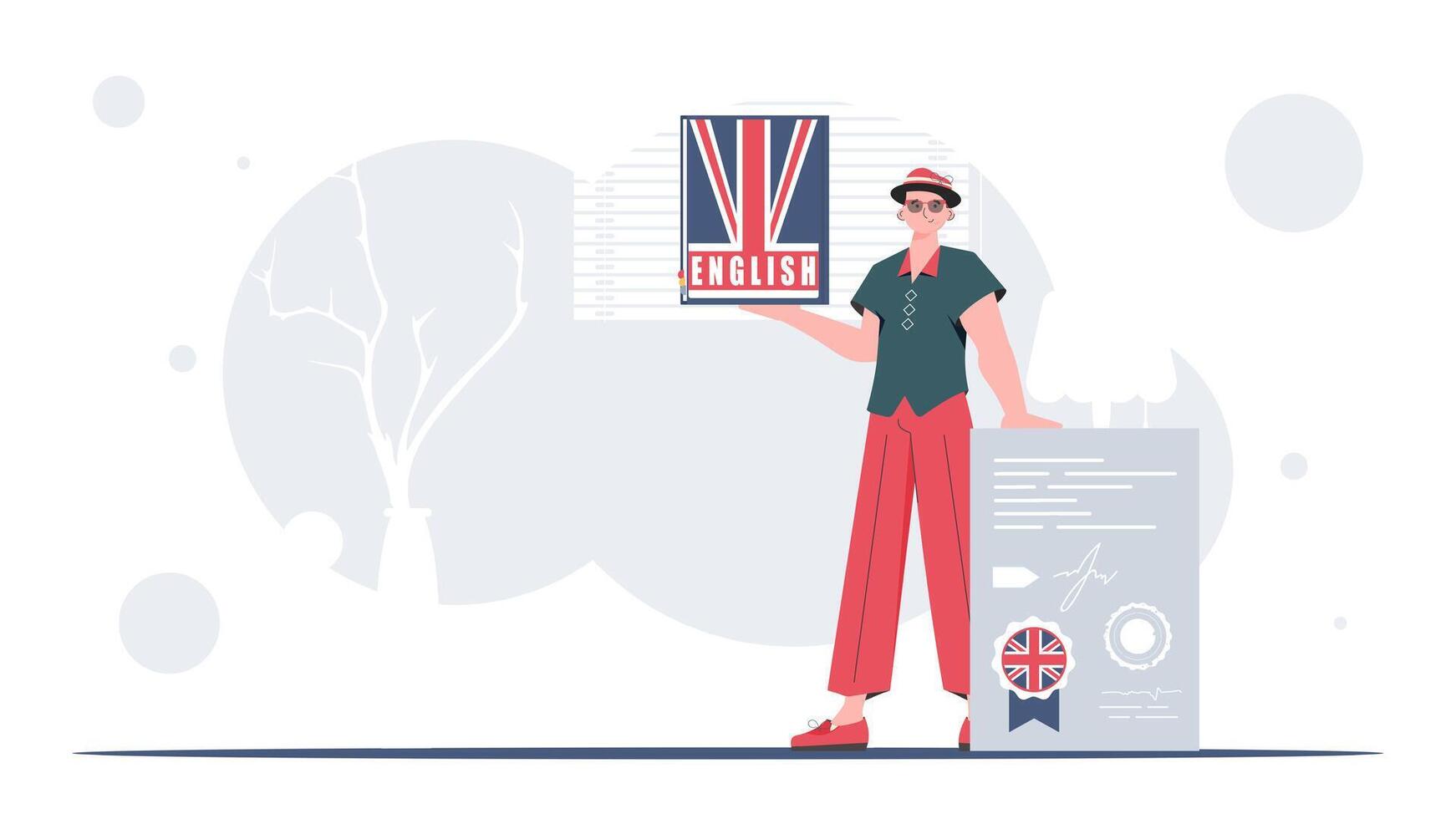 The concept of learning English. A man holds an English dictionary and a certificate in his hands. Trendy flat style. illustration. vector