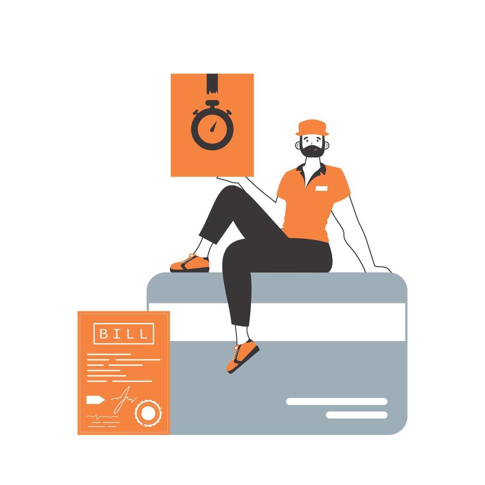 The guy is sitting on a bank card and holding a parcel. Delivery concept. Linear modern style. Isolated on white background. Vector illustration.