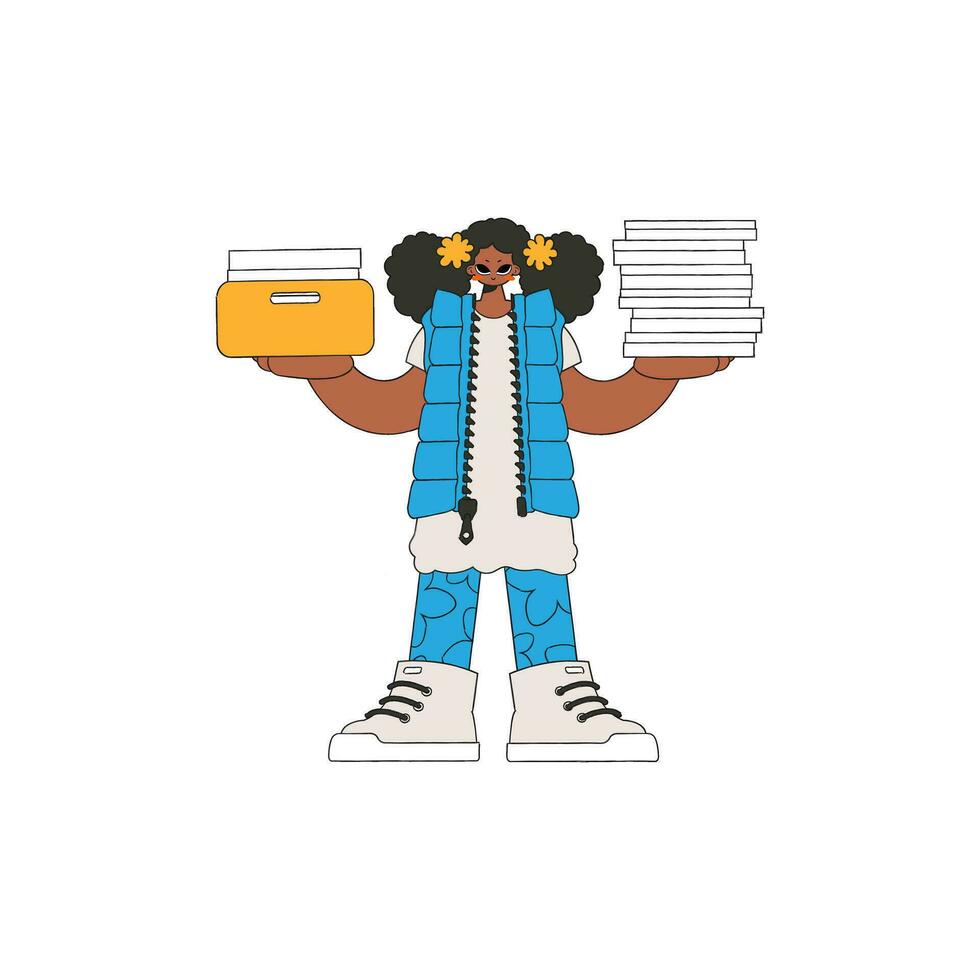 A modern girl holds a stack of documents in her hands. vector