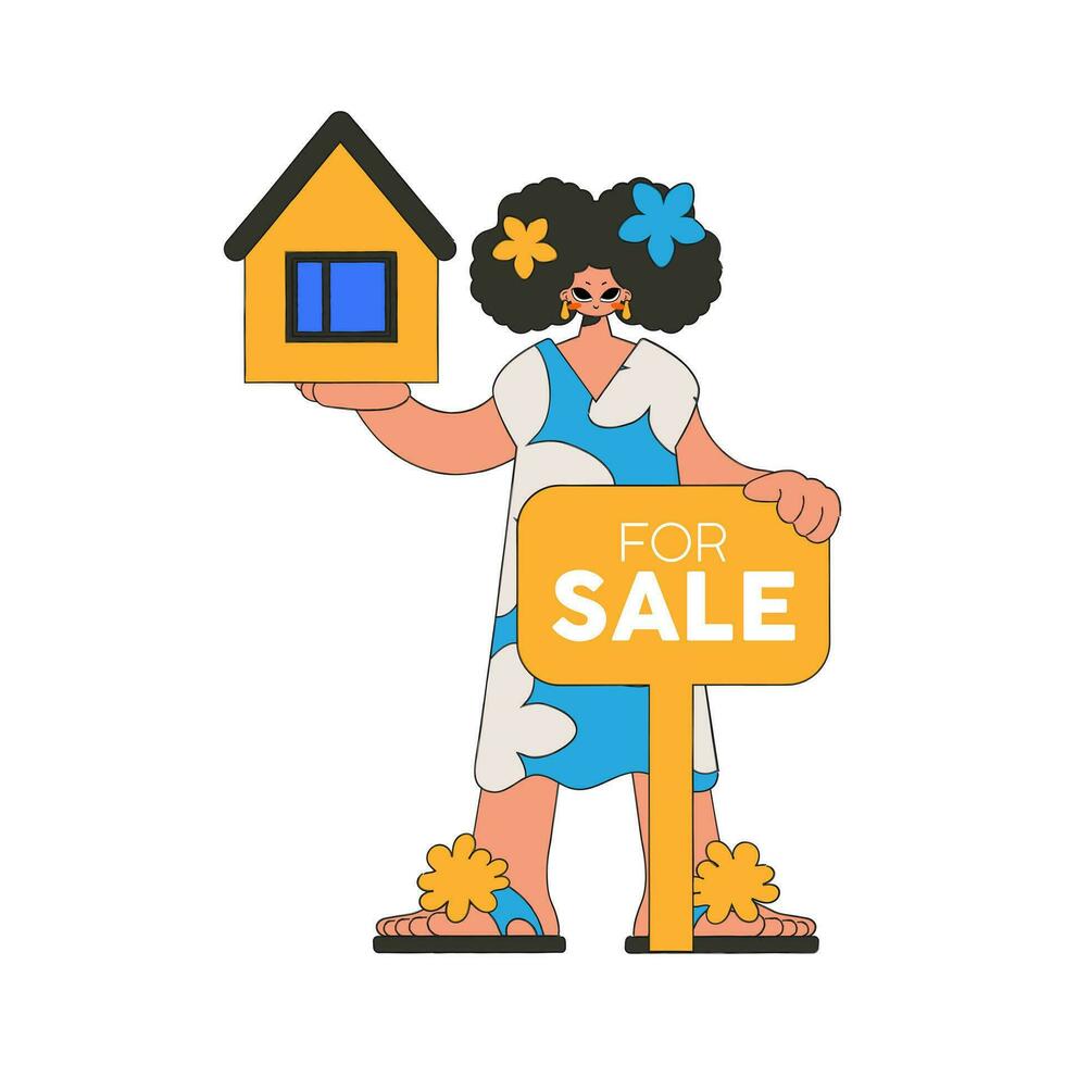 niña corredor de bienes raíces sostiene un casa en su manos. de venta y poseer un casa. vector