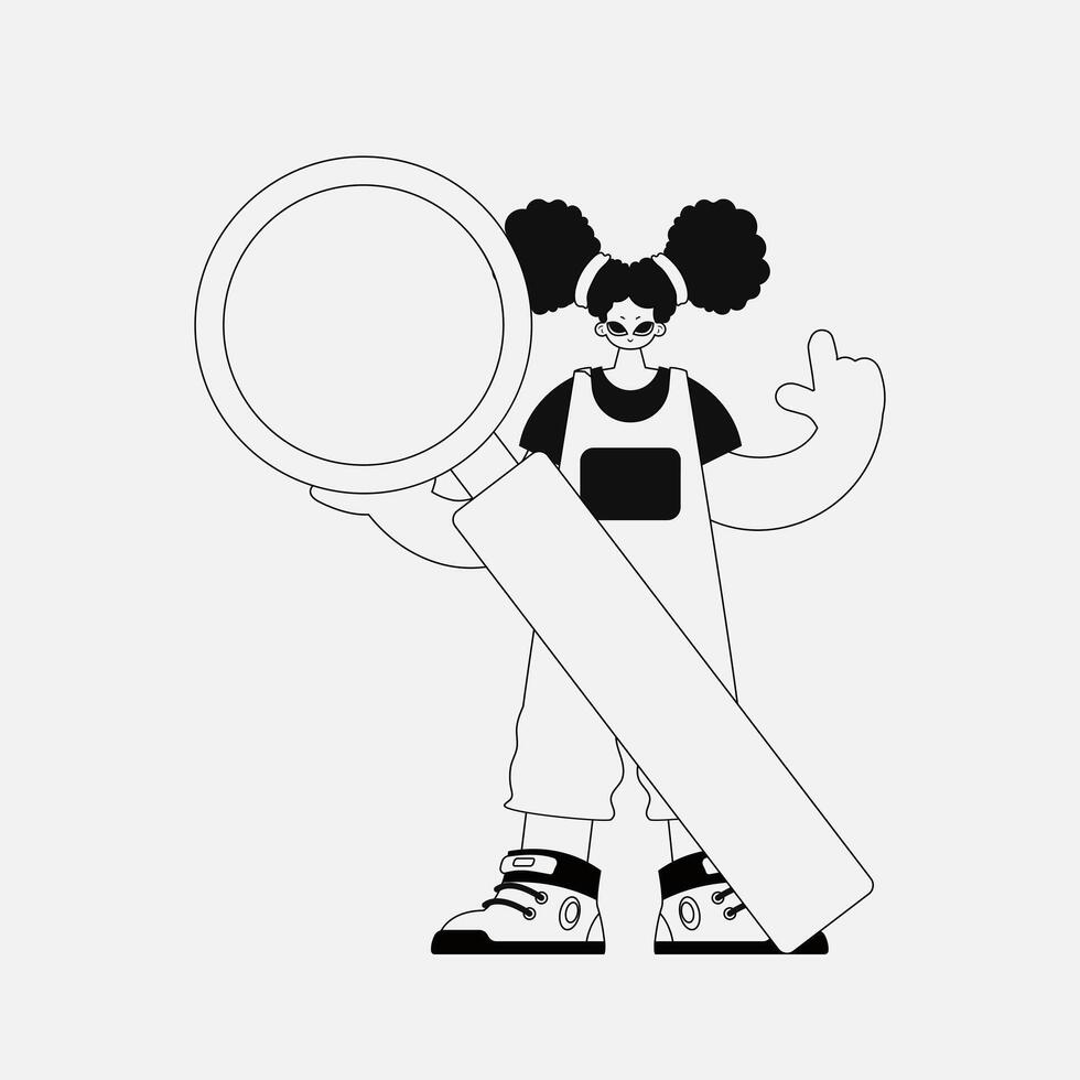 A unique woman holds in her hands a magnifying glass, a loupe. Linear black and white style. vector