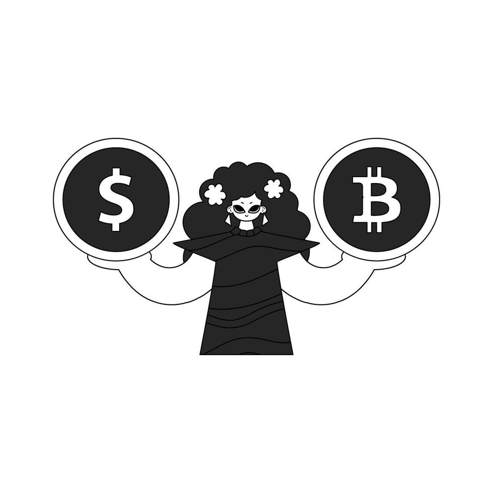 An attractive woman holds a bitcoin and dollar coin in her hands. Linear black and white style. vector