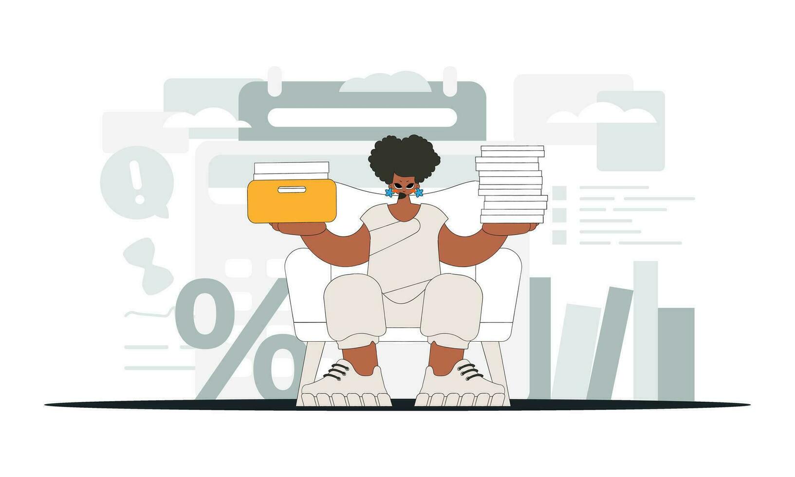 Trendy woman holds stacks of documents in her hands. Graphic illustration on the theme of tax payments. vector