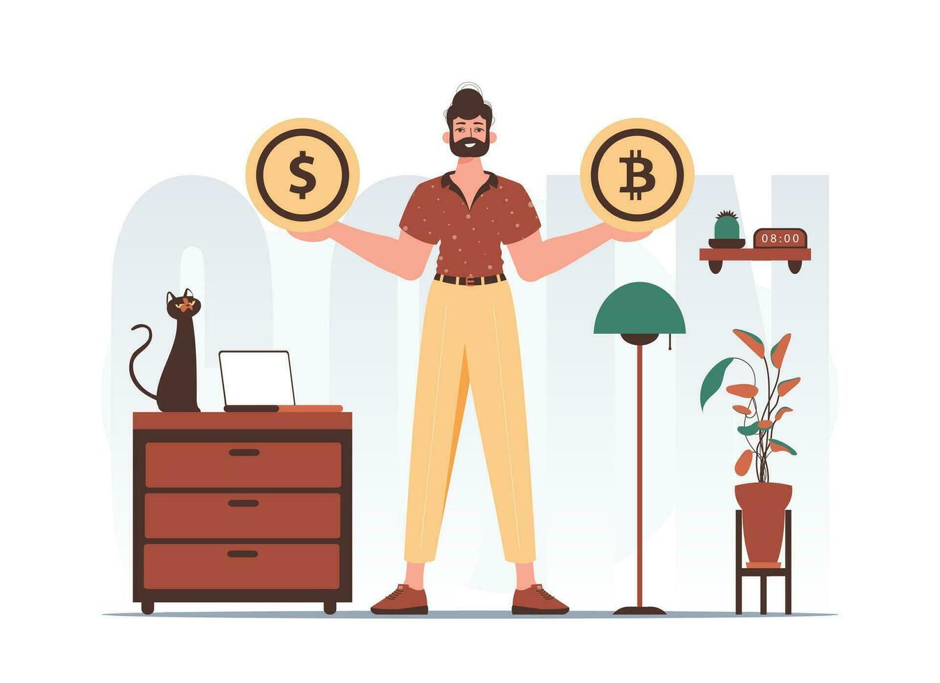 Cryptocurrency concept. A man holds a coin of bitcoin and dollar in his hands. Character in modern trendy style. vector