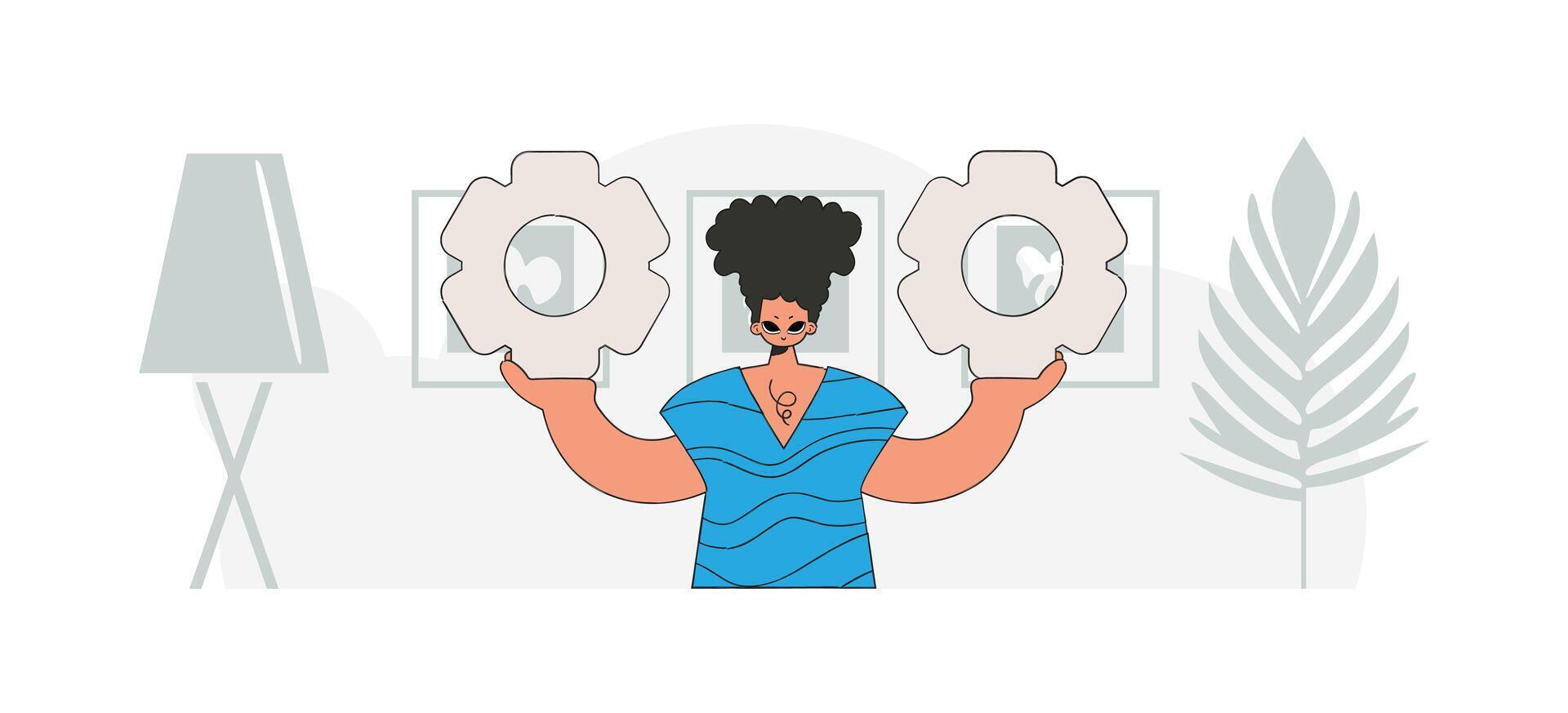 A fashionable guy holds gears in his hands. Illustration on the theme of the appearance of an idea. vector