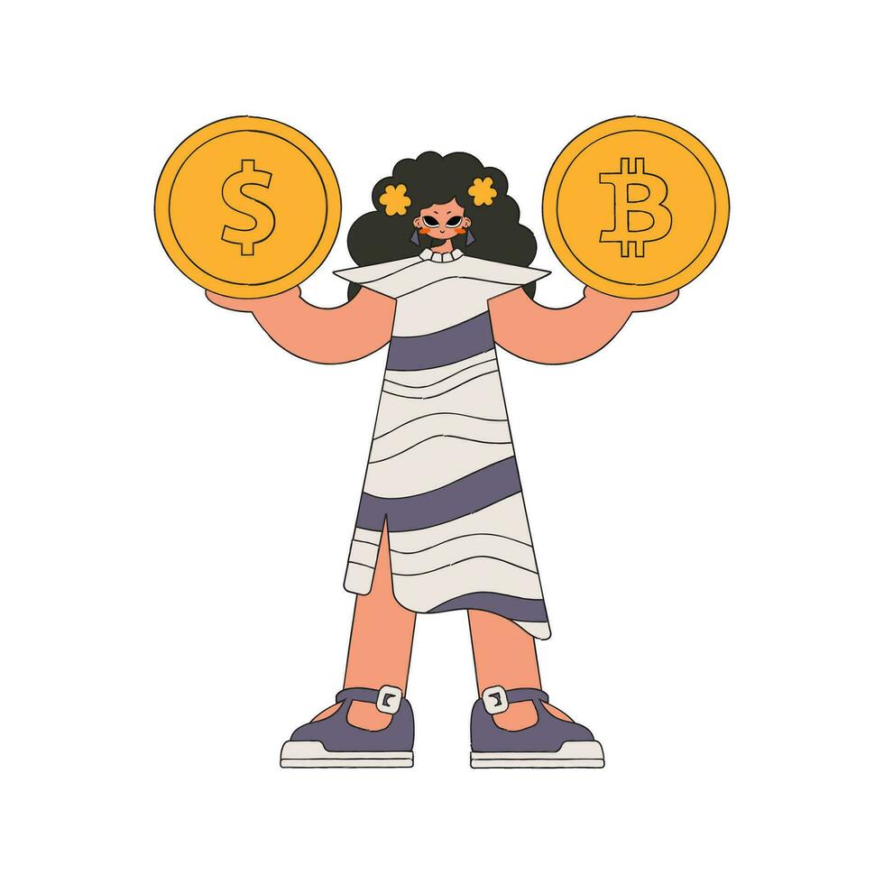 Girl holding dollar and bitcoin. Rentro style character. vector