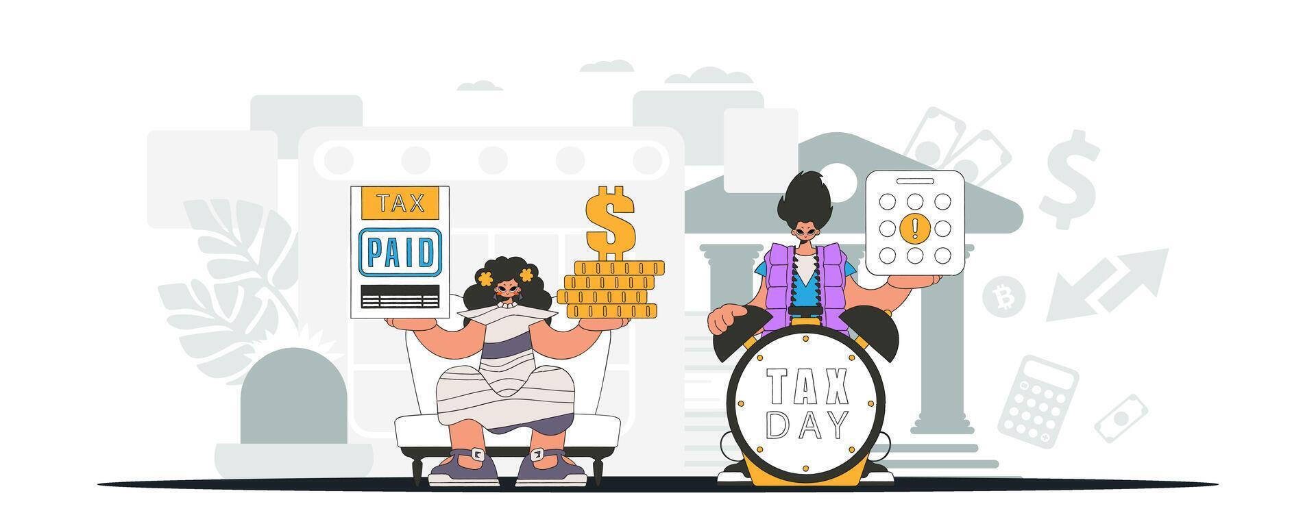 An elegant guy and a girl are engaged in paying taxes. Graphic illustration on the theme of tax payments. vector