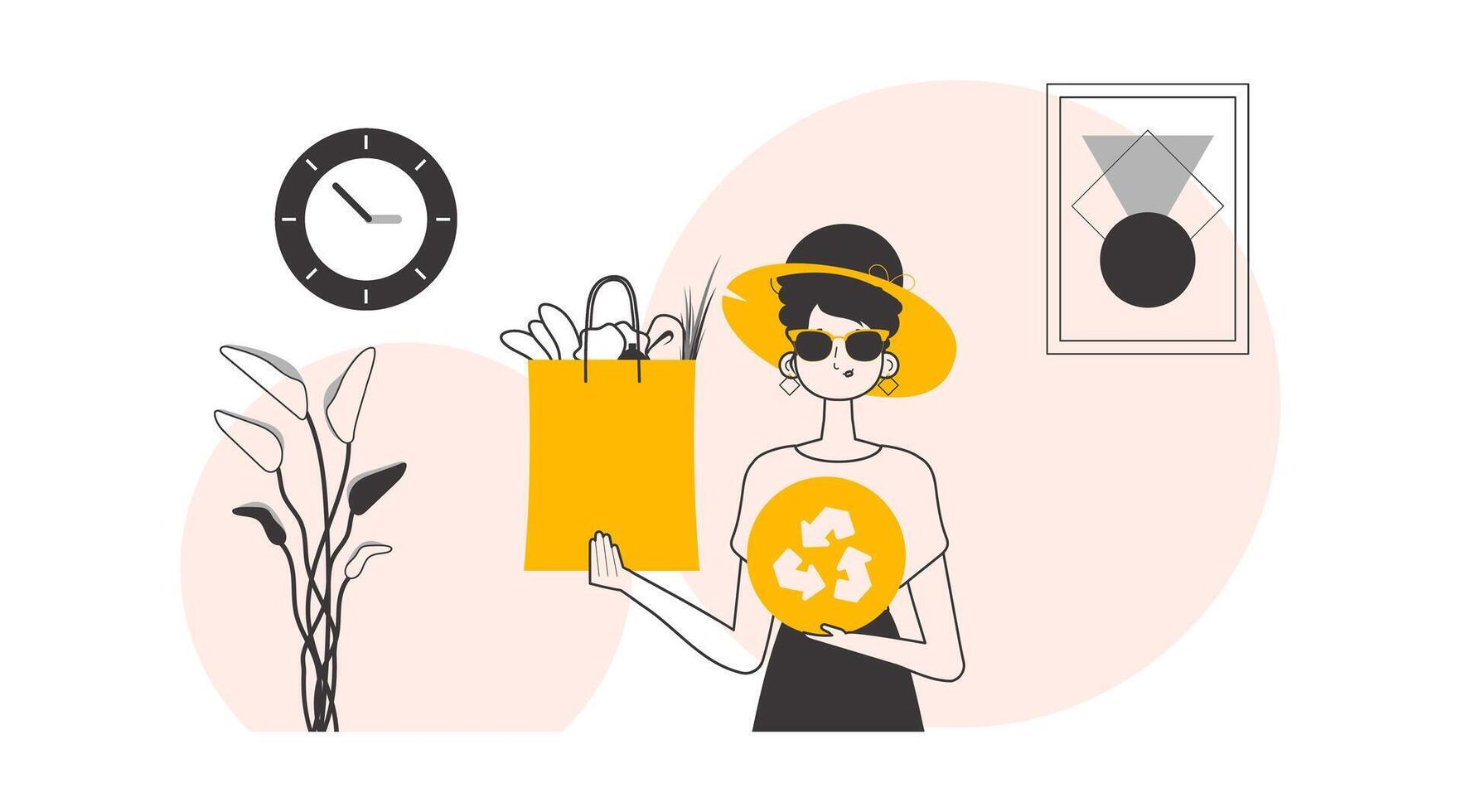 el concepto de razonable consumo. chica, paquete con productos y eco logo. lineal de moda estilo. vector