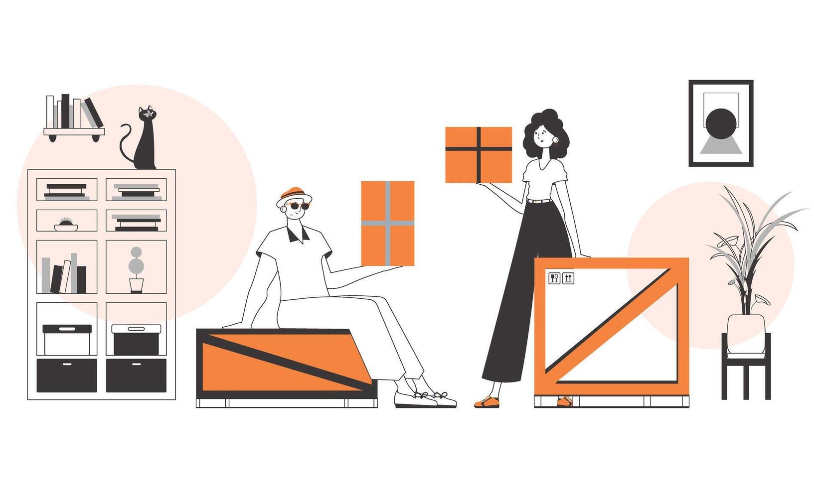 Guy and girl courier. The concept of the delivery of goods and parcels. Linear style. vector