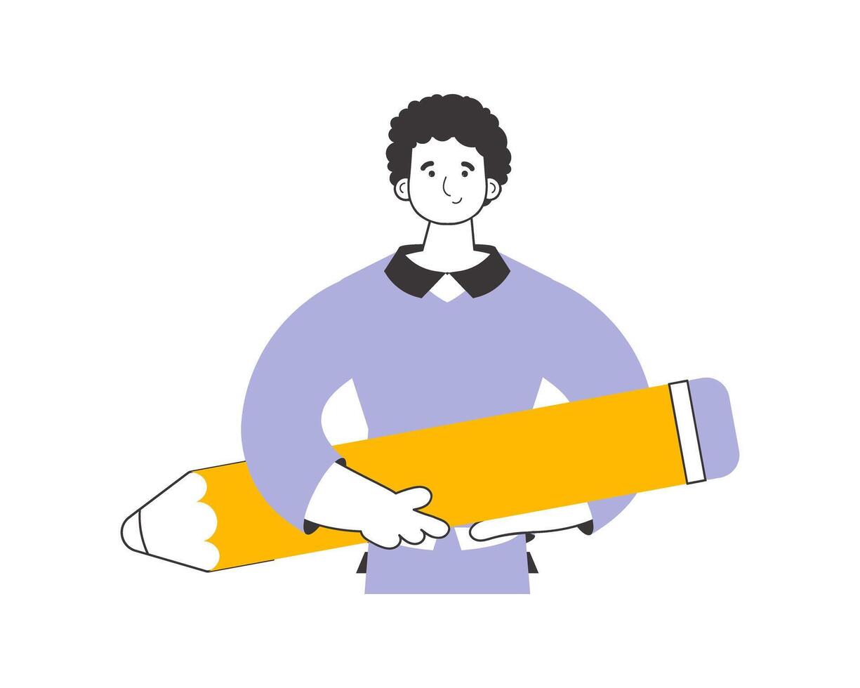The man is holding a pencil. Linear trendy style. Isolated on white background. illustration. vector