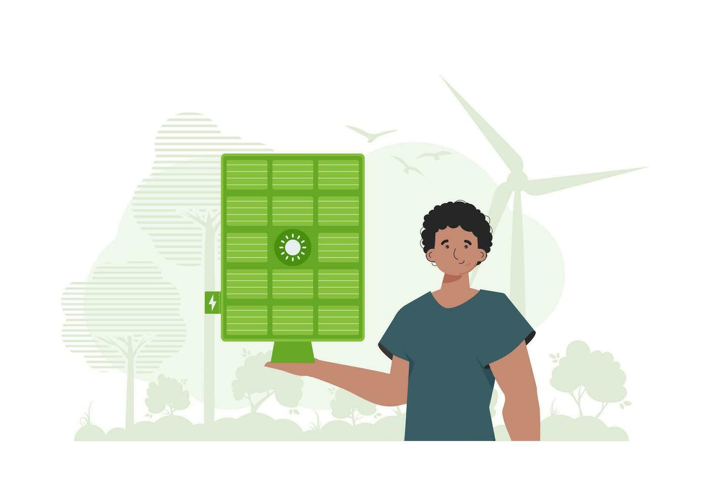 Green energy concept. A man holds a solar panel in his hand. Vector. trendy style. vector