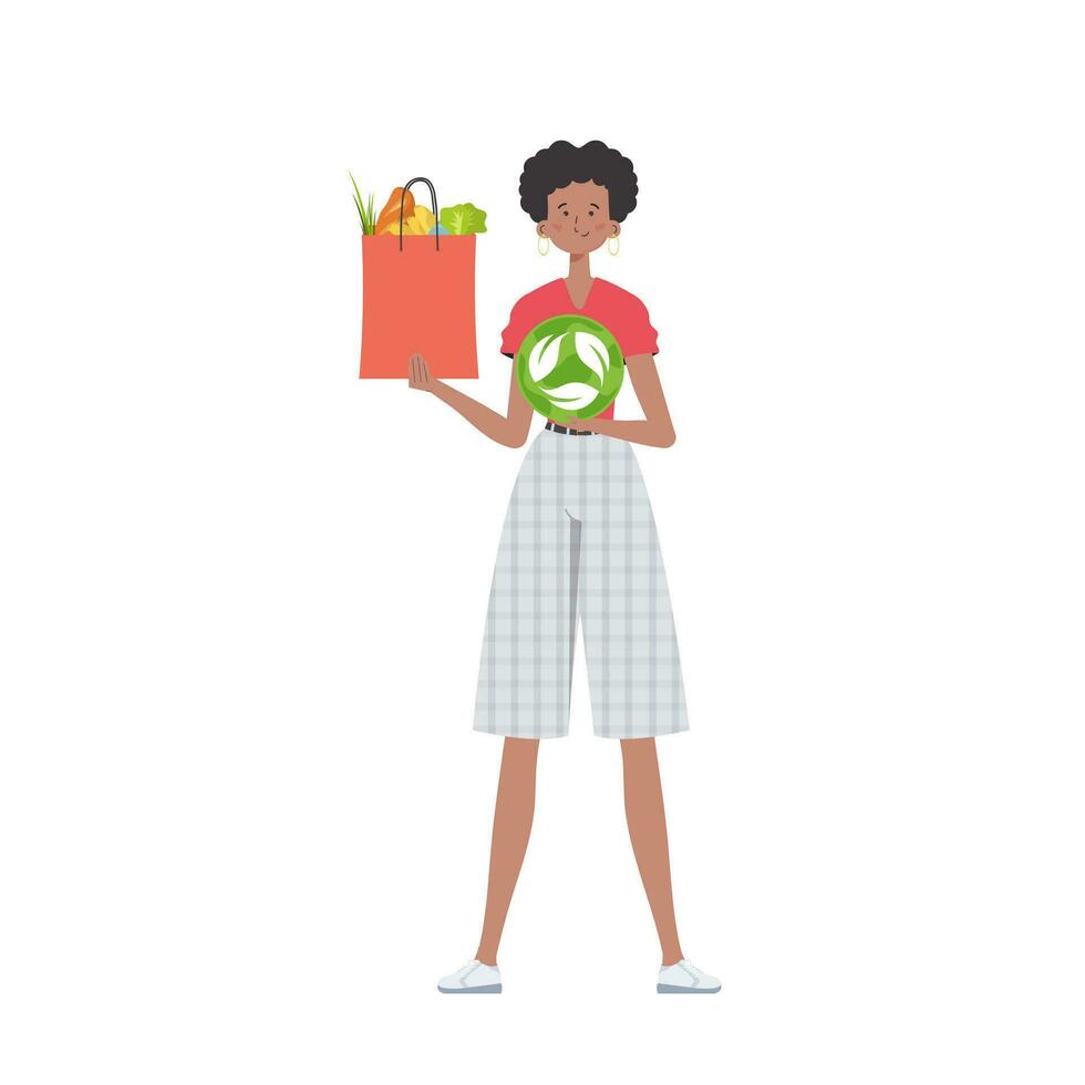 The girl is depicted in full growth and holds a bag of healthy food in her hands and shows the EKO icon. Isolated. Flat trendy style. Vector. vector
