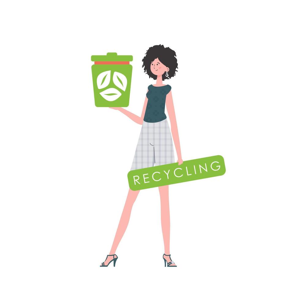 The woman is depicted in full growth and holds a trash can in her hand. The concept of ecology and recycling. Isolated on white background. illustration Flat trendy style. vector