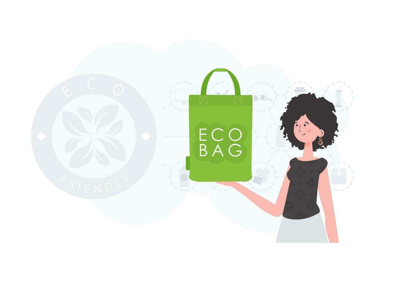 el concepto de ecología y cuidado para el ambiente. el niña es participación un eco bolso en su manos. Moda tendencia vector ilustración.