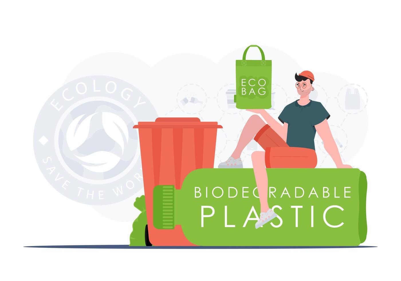 Concept of green world and ecology. A man sits on a bottle made of biodegradable plastic and holds an ECO BAG in his hands. Fashion trend illustration. vector
