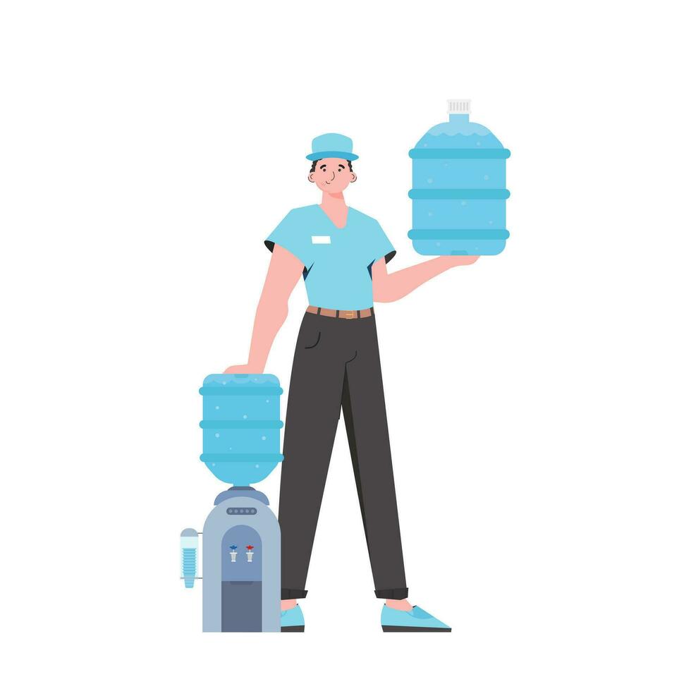 A man is holding a bottle of water. Delivery concept. Stylish character is depicted in full growth. Isolated. Vector illustration.