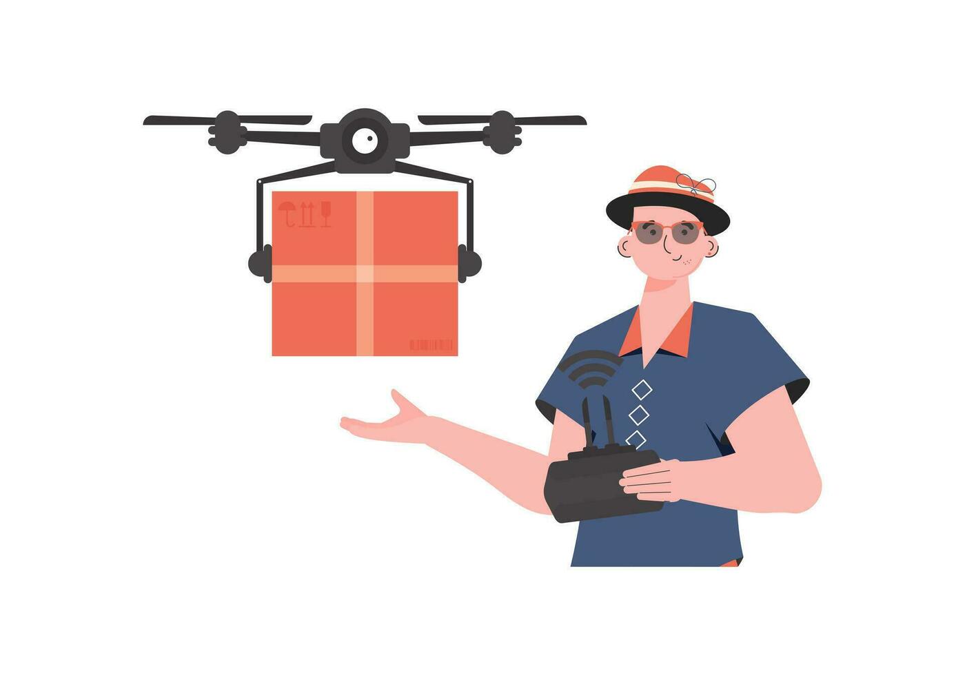 The theme of cargo delivery by air. A man controls a drone with a package. Isolated. Flat modern design. Vector. vector