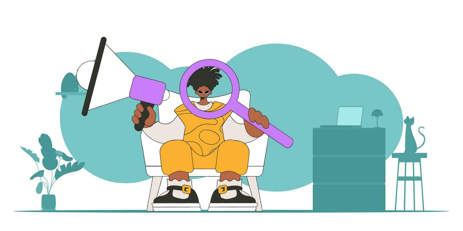 Stylized vector illustration of a HR representative. A young man sits in a chair and holds a megaphone in his hand.