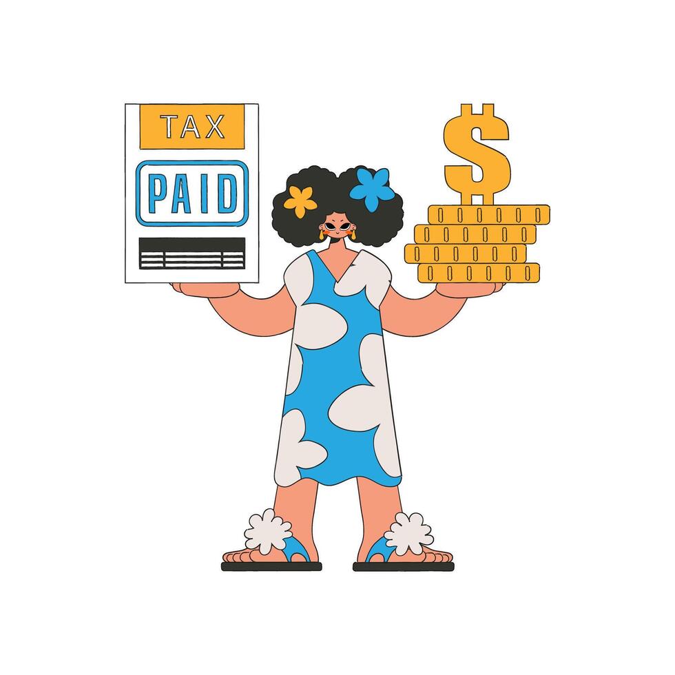 A combed girl holds a tax form and coins in her hands. The topic of paying taxes. vector