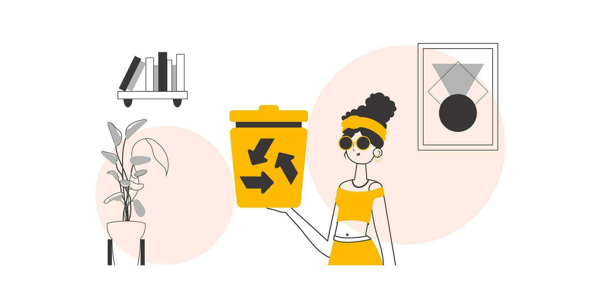 A woman is holding a trash can. Waste recycling concept. Linear style. vector