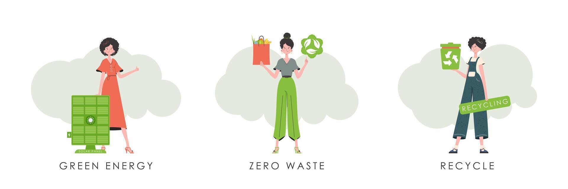 Set of women characters on the theme of ecology. Flat style. . vector