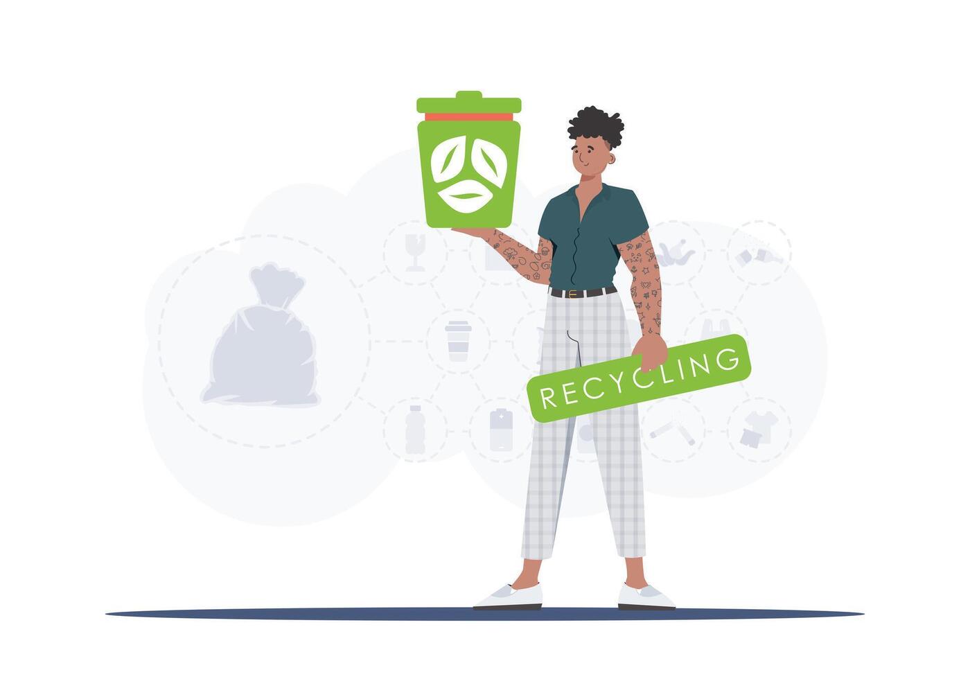 The concept of recycling and zero waste. A man holds an urn in his hands. illustration Flat trendy style. vector