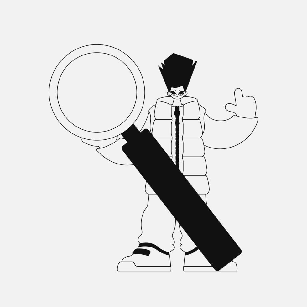 Attractive man holds in his hands a magnifying glass, magnifier. Linear black and white style. vector