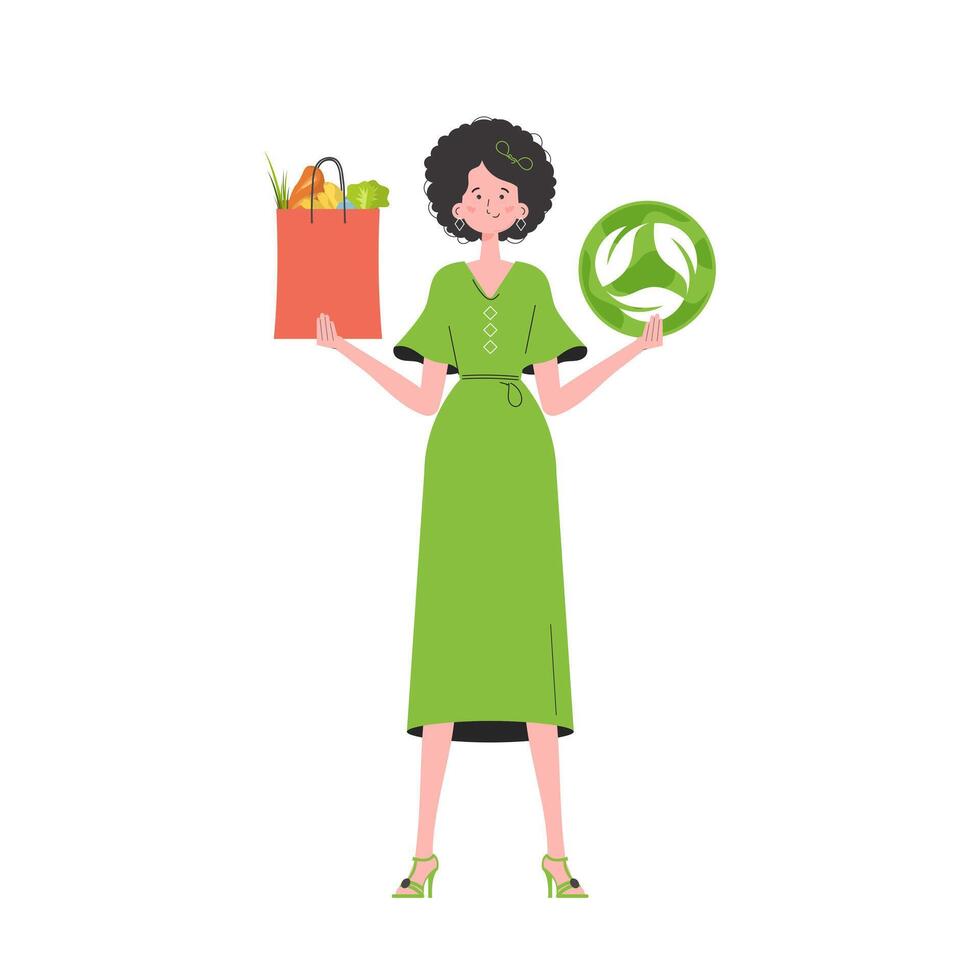 The girl is depicted in full growth and holds a bag of healthy food in her hands and shows the EKO icon. Isolated on white background. Trend style, illustration. vector