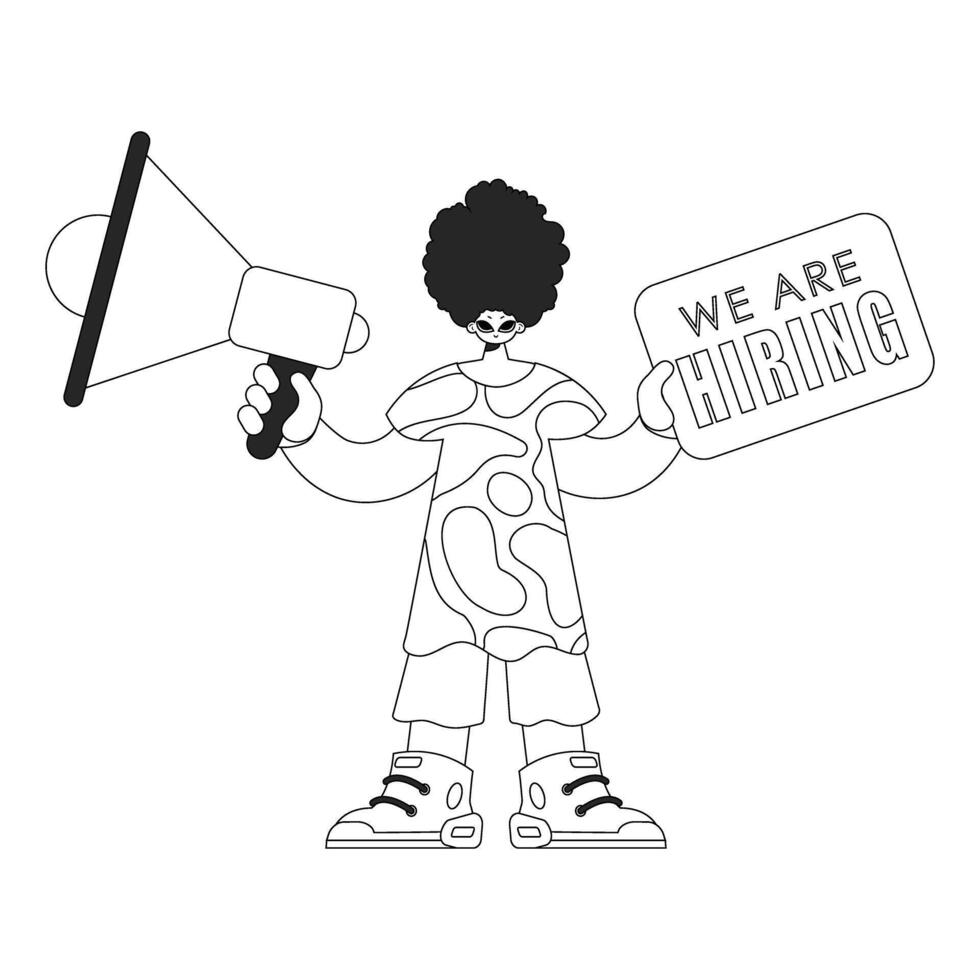 Adept HR specialist man holding a megaphone in his hands. HR topic. Linear newspaper black and white style. vector