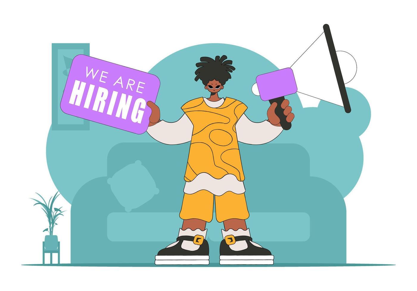 The theme is Human Resource. A guy with a megaphone, symbolizing the search for people in the labor market. vector