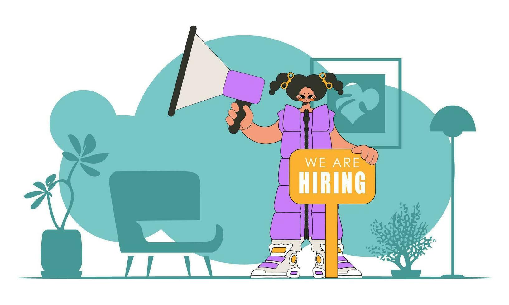 The theme is Human Resource. Girl with a megaphone. labor market. vector