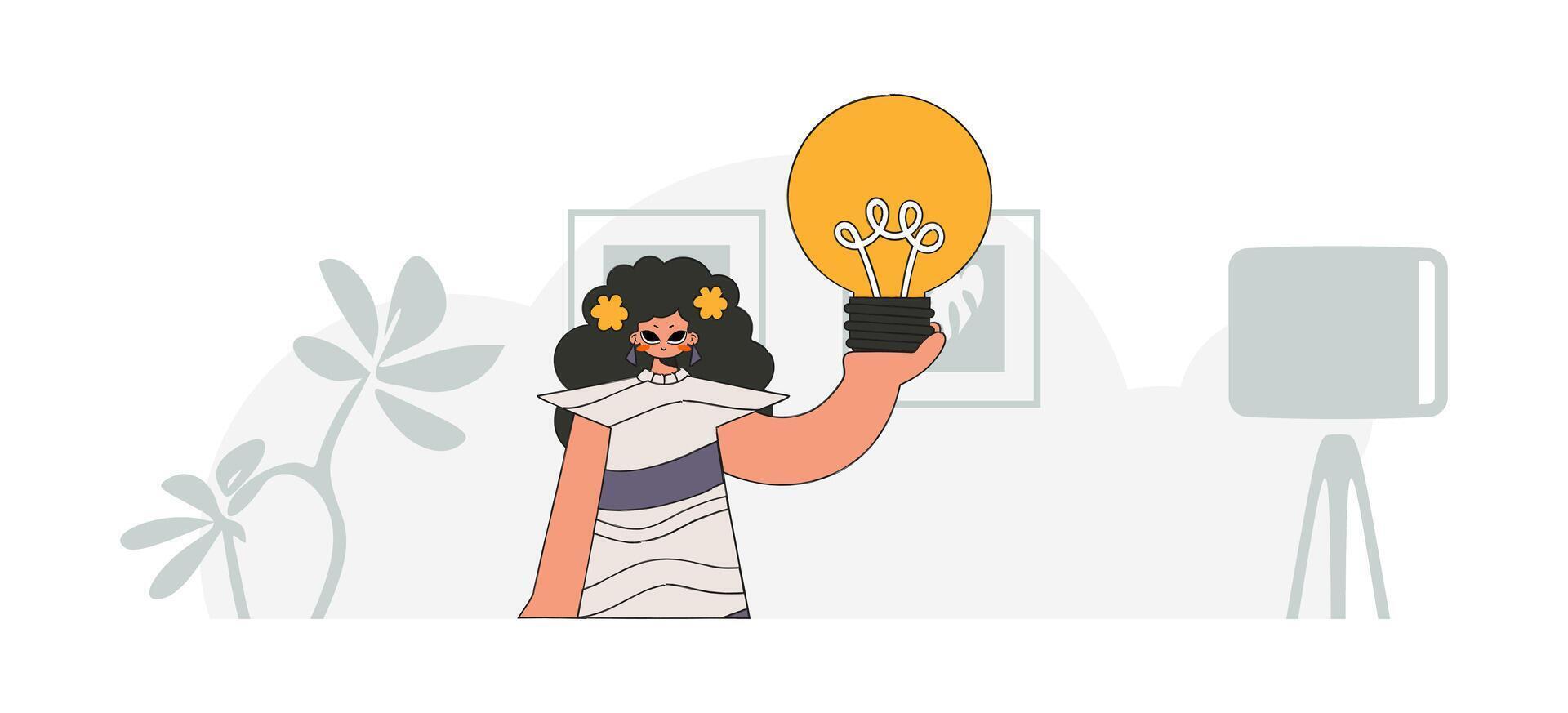 Fashionable girl holding a light bulb. Illustration on the theme of the appearance of an idea. vector