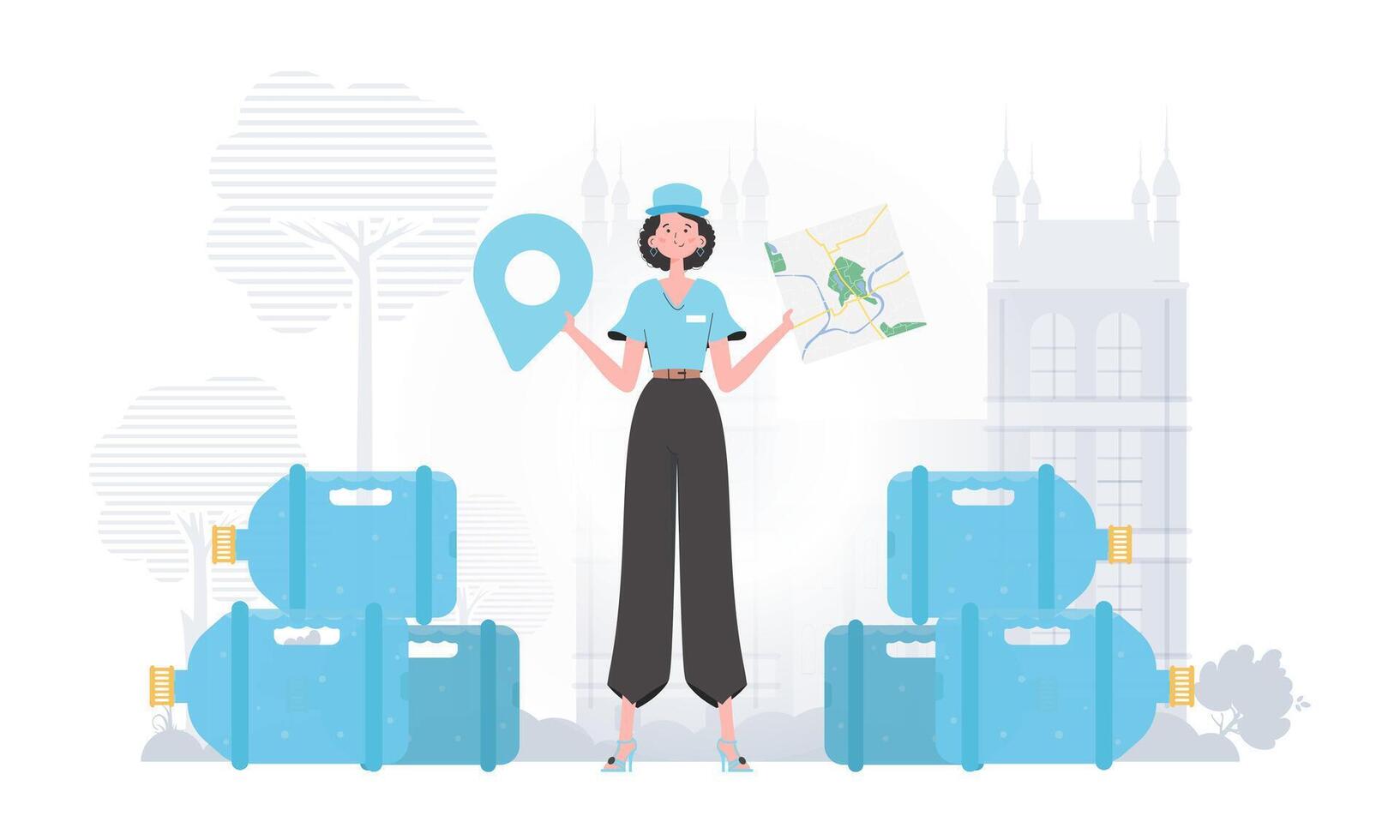 Girl water delivery operator holding a map. The trendy character is depicted in full growth. Vector. vector