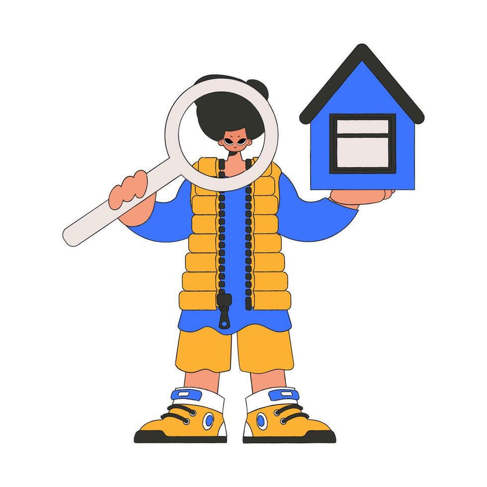 Male real estate agent holding a house and a magnifying glass. House ownership. vector