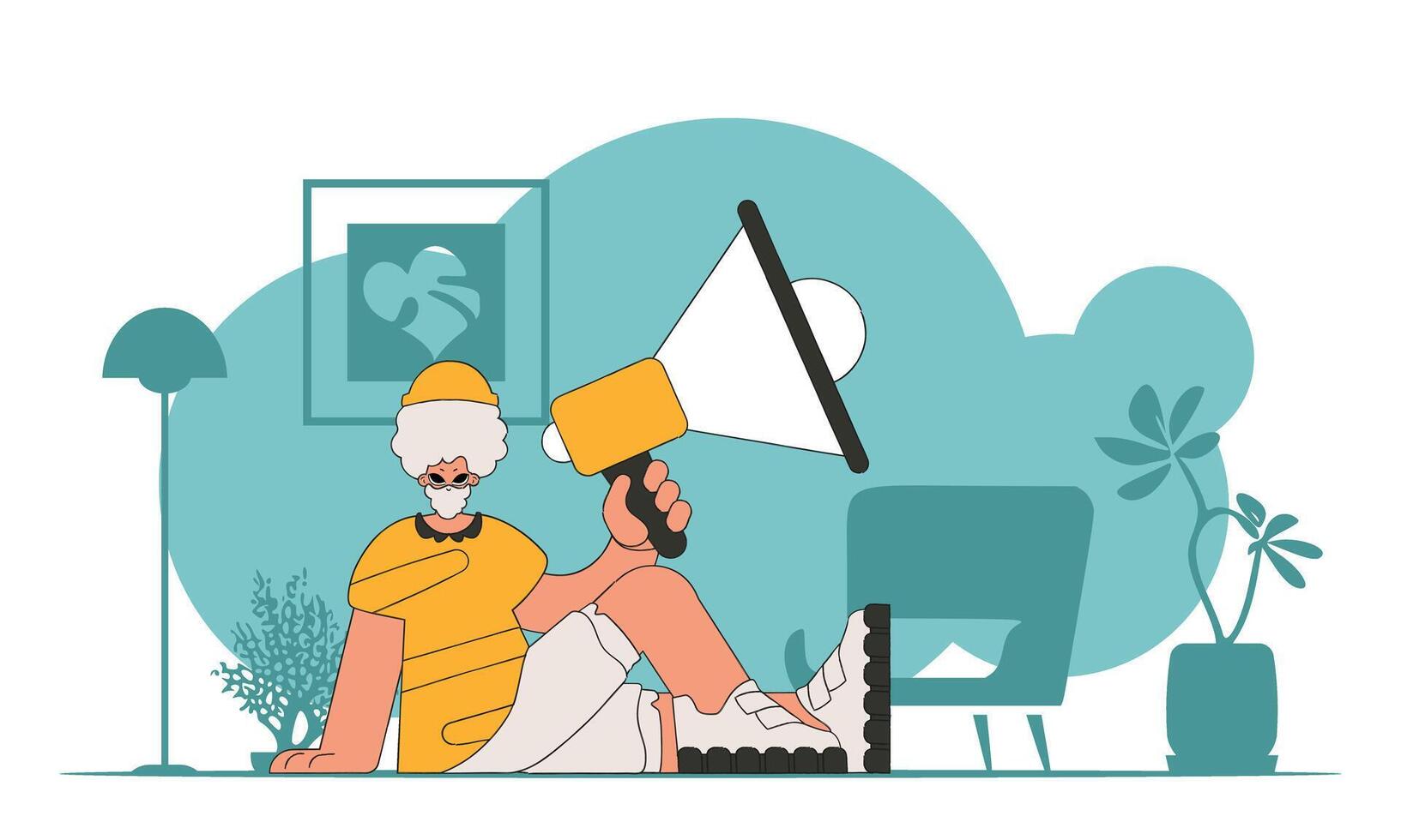 illustration of a human resources specialist. Stylish man sits on the floor and holds a megaphone. vector