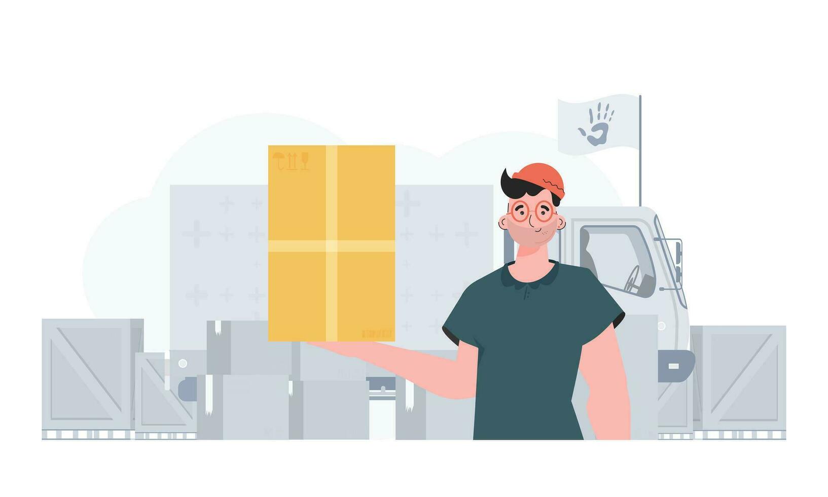 The man is holding a parcel. Camp with humanitarian aid. Vector illustration.