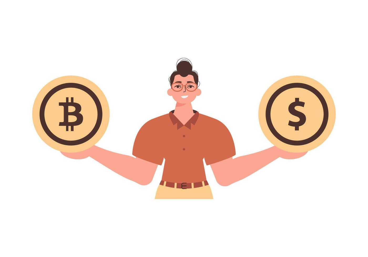 The guy holds a coin of bitcoin and dollar in his hands. Character with a modern style. vector