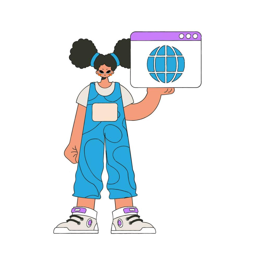 A bright and stylish illustration of a girl holding a browser window in her hands. Modern character style. vector