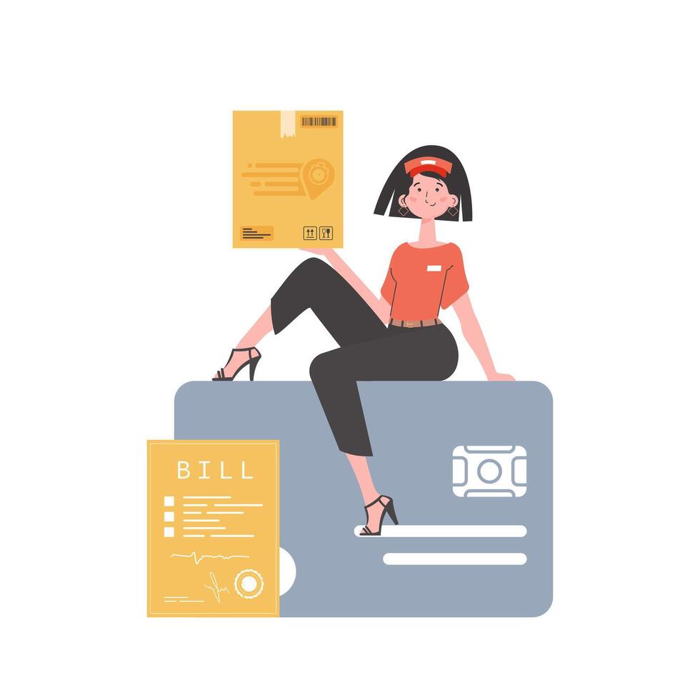 A woman courier sits on a bank card and holds a box. Delivery concept. Isolated. Trendy flat style. . vector