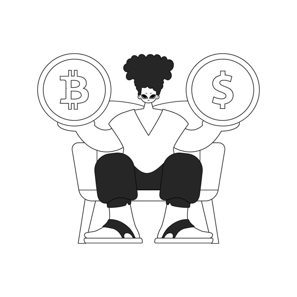 Inspirational man holding bitcoin and dollar coin. Linear newspaper black and white style. vector