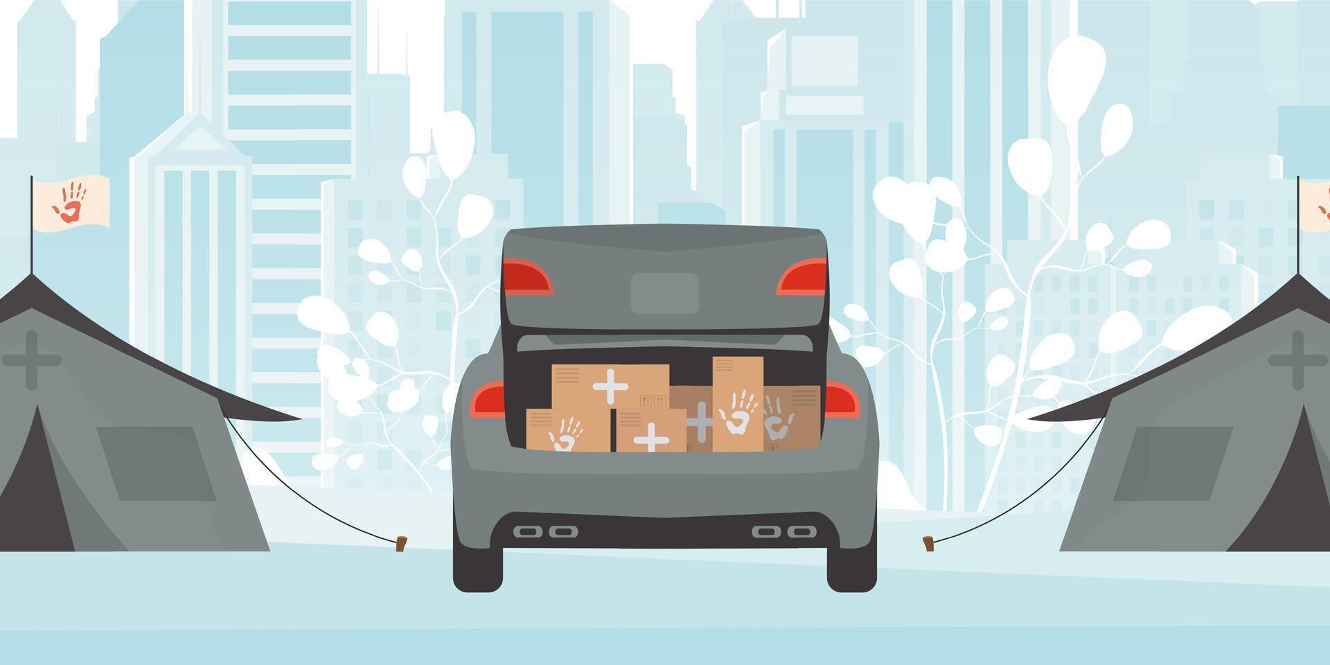 Camp for humanitarian aid. Tents, Boxes and pallets. illustration. vector