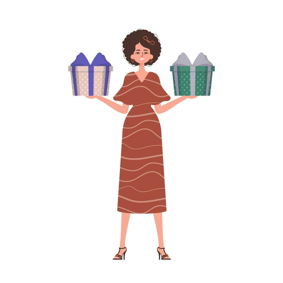 A woman is holding a gift box. Trendy character style. vector
