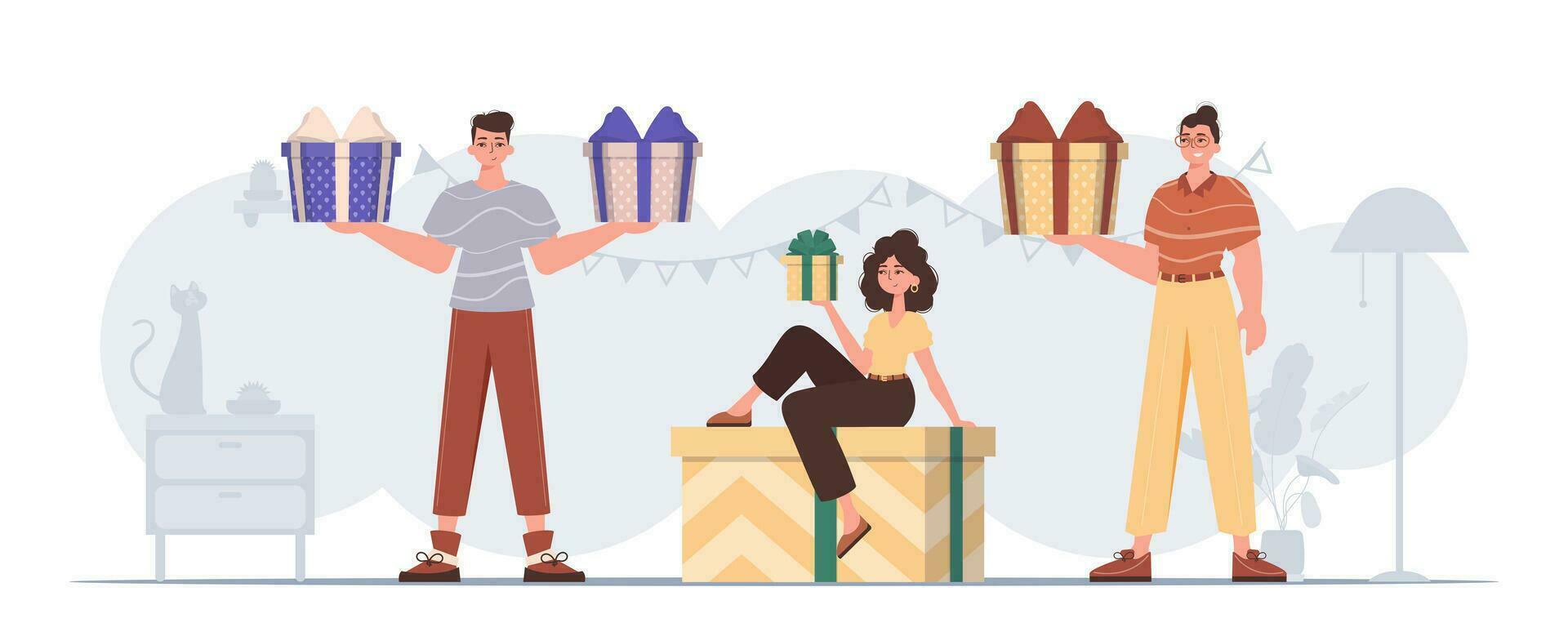 People are holding gifts. Modern flat colorful vector illustration.